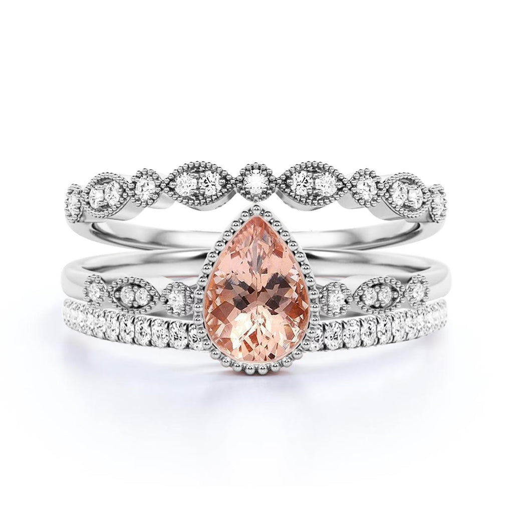 2.25 Carat Pear Cut Morganite And Diamond Moissanite Engagement Ring in 10k Solid White Gold X83967