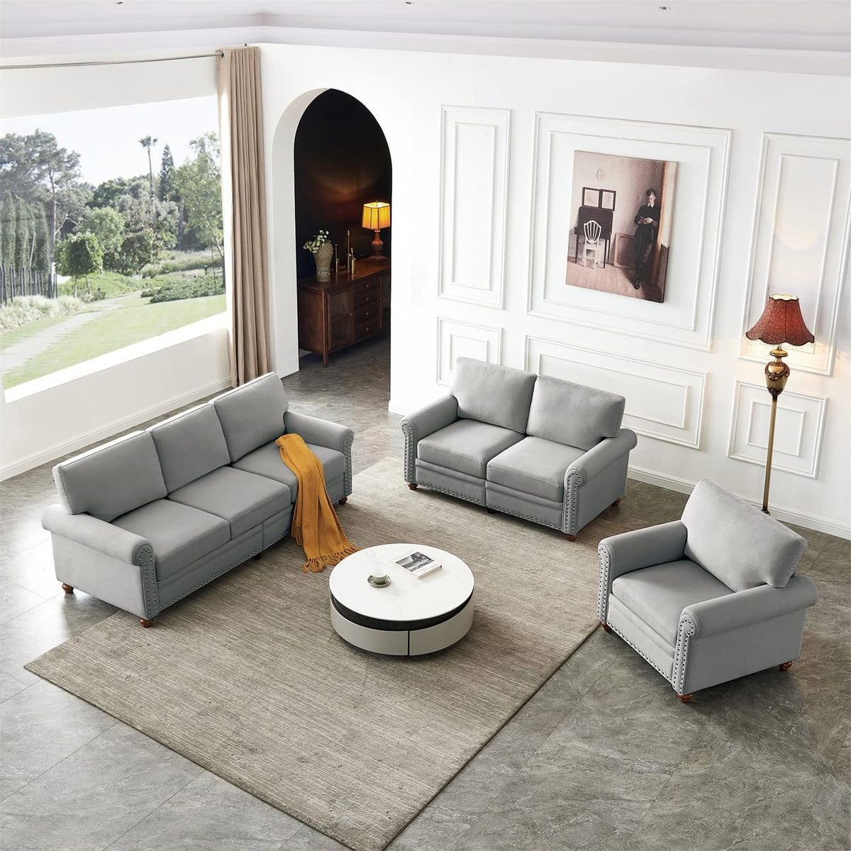 Grey 3 Pcs Sofa Set with Storage R2524