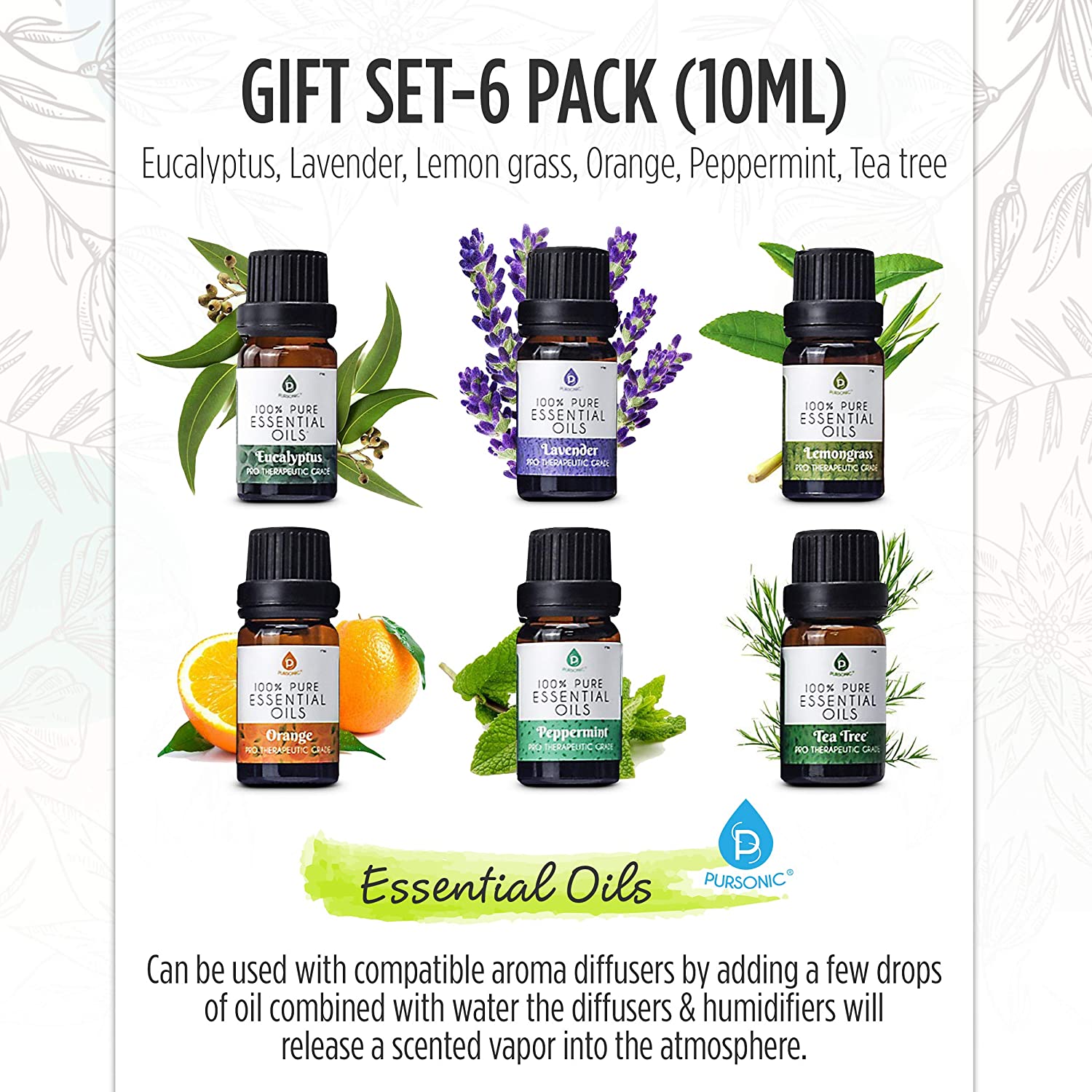 Pursonic Ultrasonic Diffuser, 360° Speaker, & Essential Oils Set