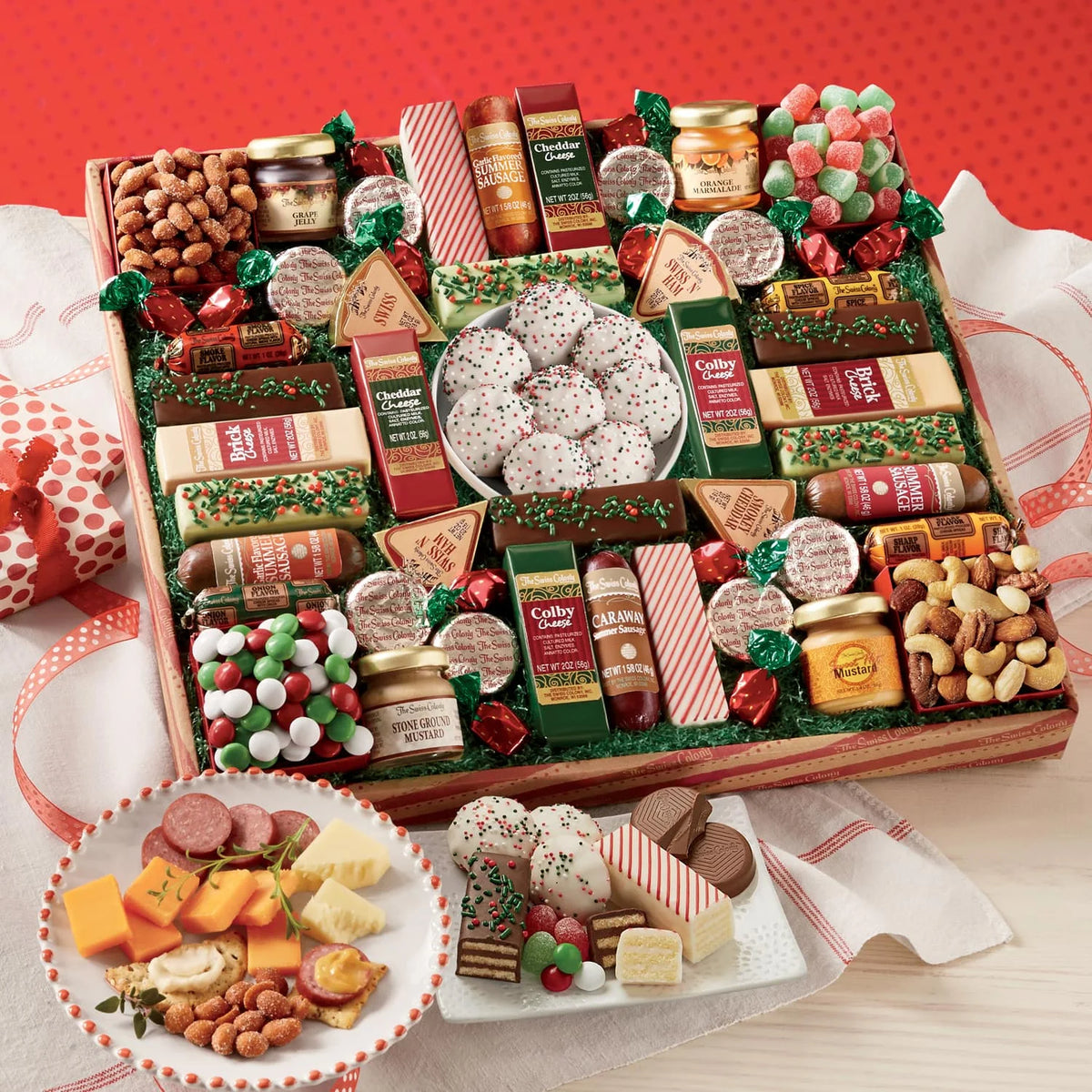 Assorted Summer Sausage Meats, Cheese Bricks and Wedges, Spreadables, Candies, and Chocolate Treats Q872438