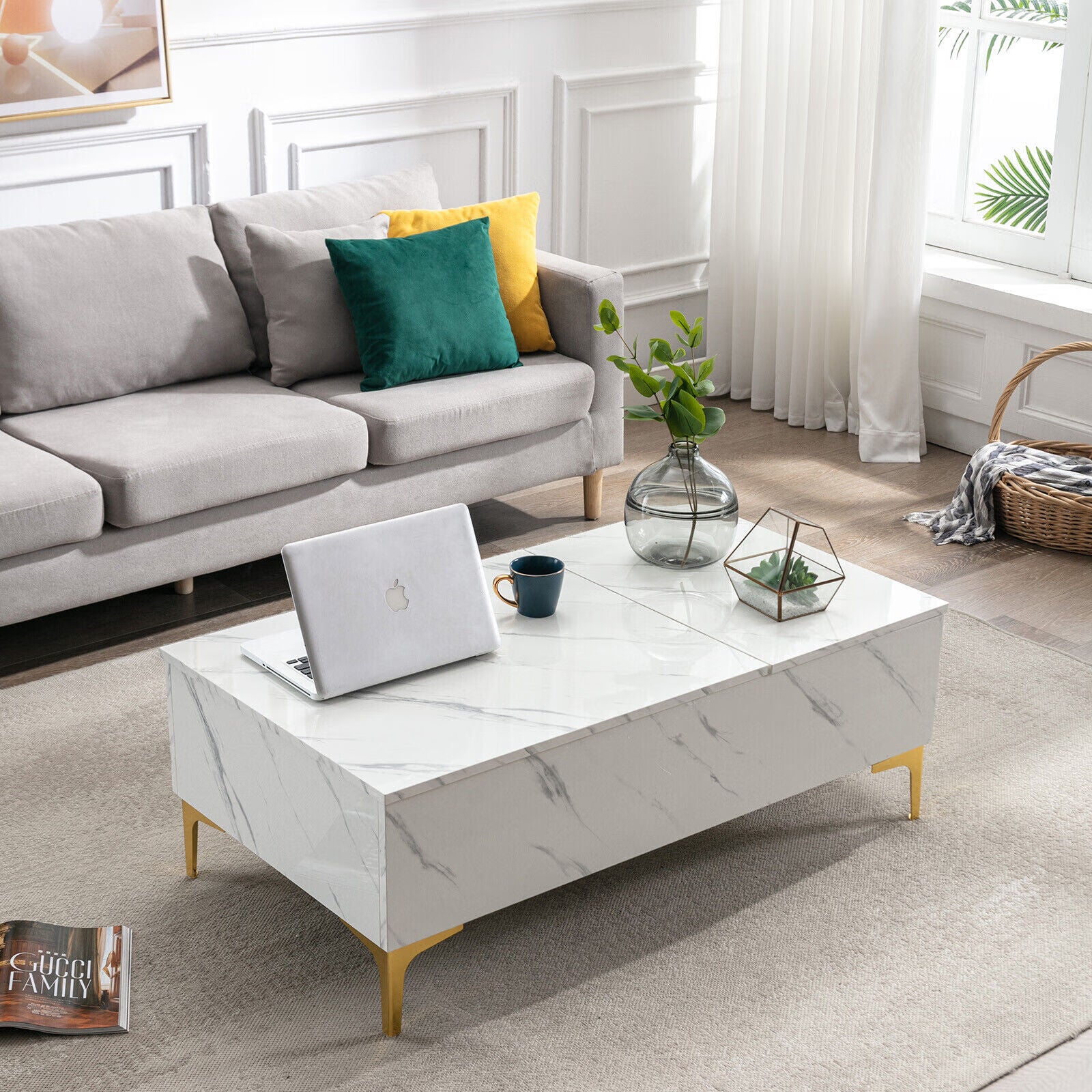 Modern White Lift Top Marble Coffee Table with Storage R500