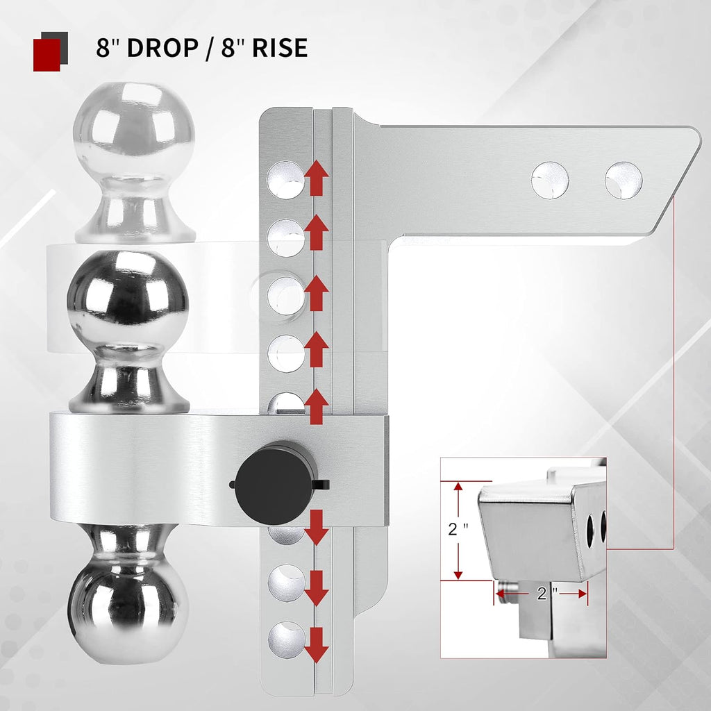Adjustable Trailer Hitch Ball Mount, 2-Inch Receiver, 8-Inch Drop, Forged Aluminum Shank, 2-Inch and 2-5/16-Inch Combo Stainless Steel Tow Balls with Double Pin Key Locks S386309