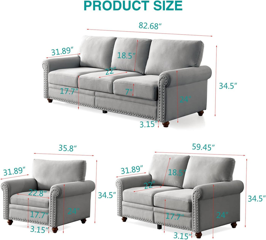 Grey 3 Pcs Sofa Set with Storage R2524