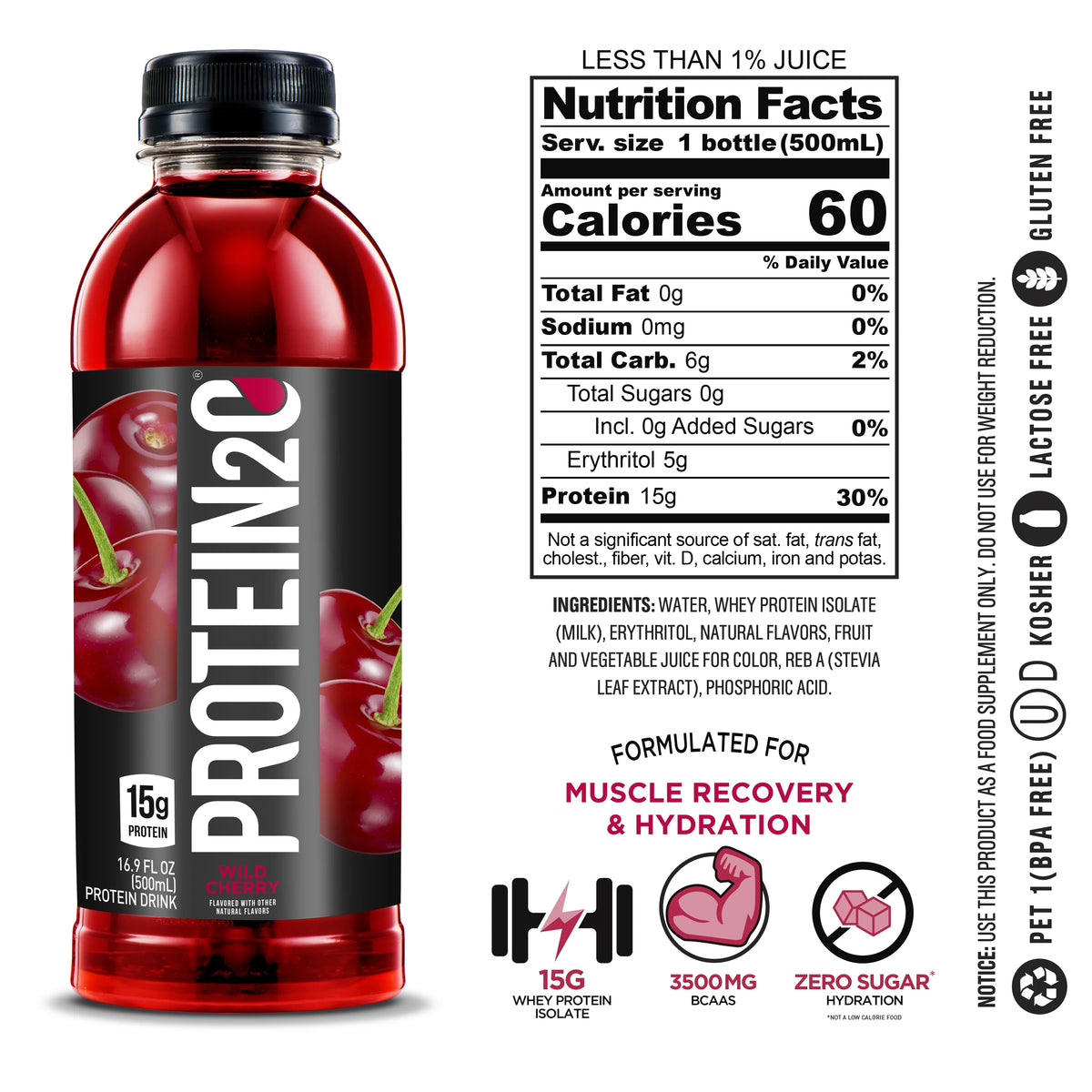 15g Whey Protein Infused Water, Wild Cherry, 16.9 oz Bottle (Pack of 12) W1302