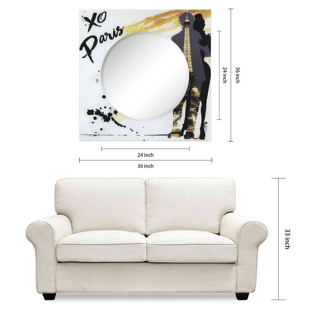 36 in. Square Reverse Printed Tempered Glass Art with 24 in. Round Beveled Mirror Z593