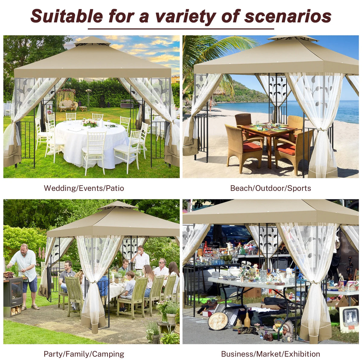 Outdoor Gazebo Canopy with 4 Detachable Mosquito Nets P3059