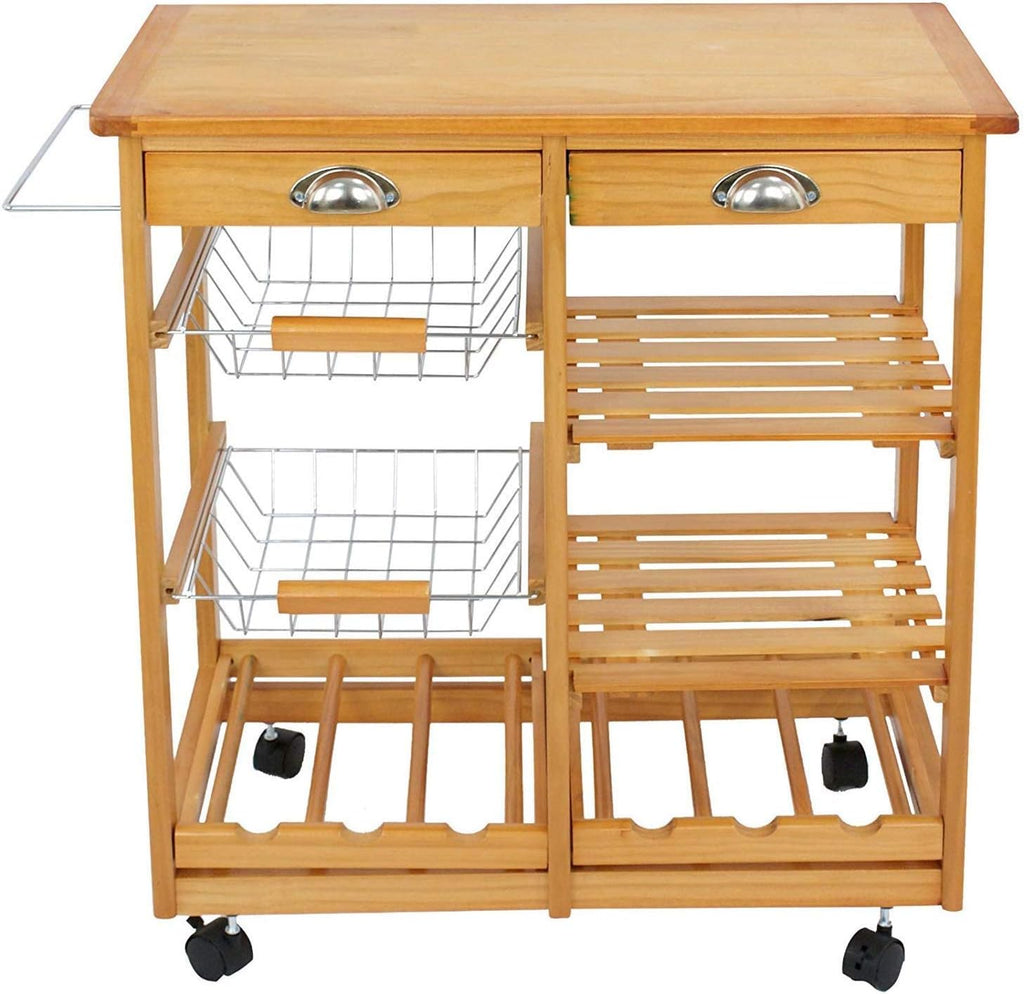 Wood Rolling Kitchen Island Storage Cart with Drawer Shelves Basket Q4035