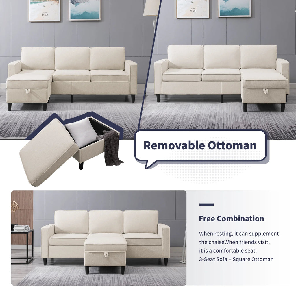 Beige Convertible Sectional Sofa Couch with Storage Ottoman N247
