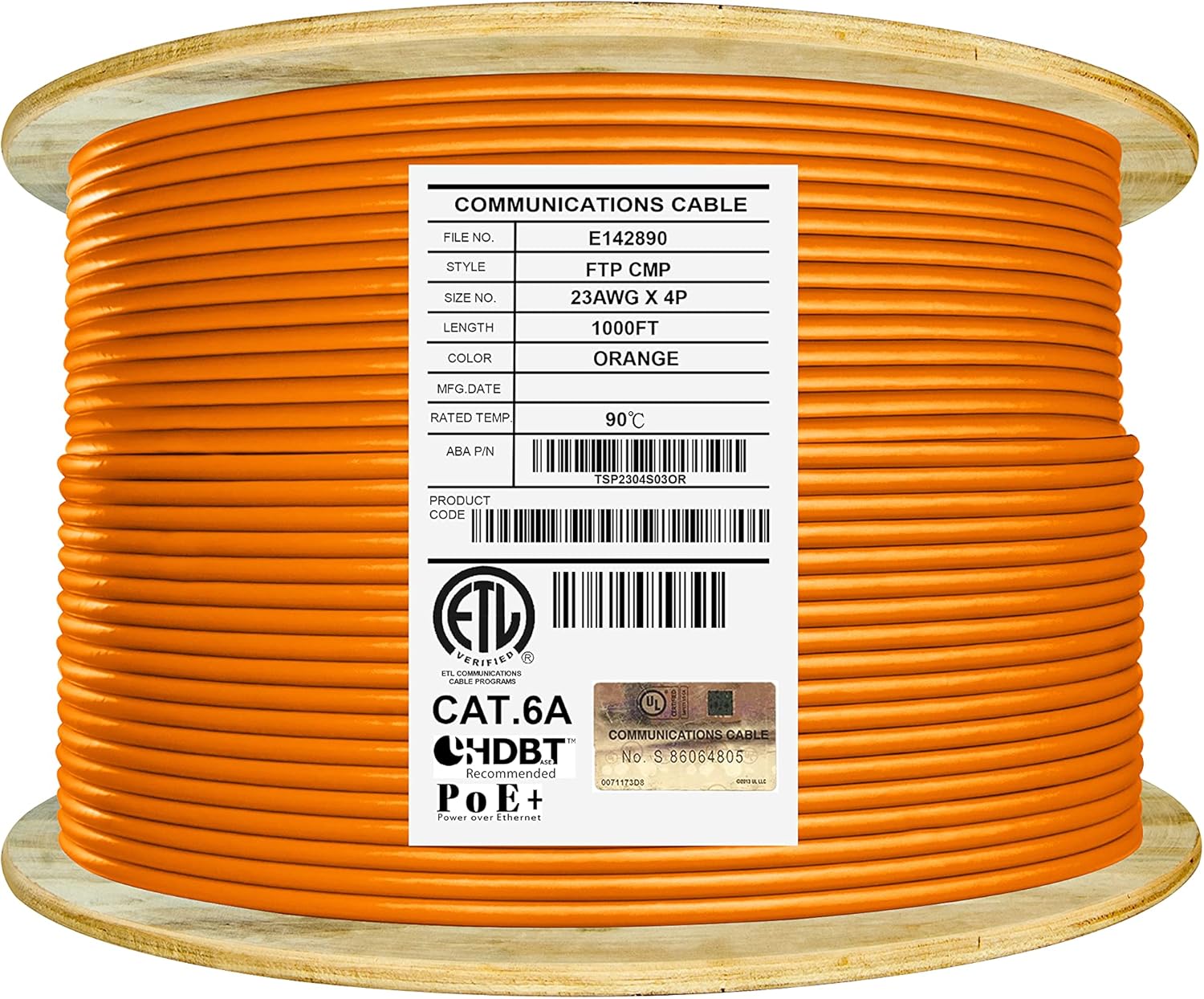 Bulk Ethernet Cable Reel, Cat6A Shielded Plenum, 1000ft, FTP 23AWG, Solid Pure Copper, Blue O74185