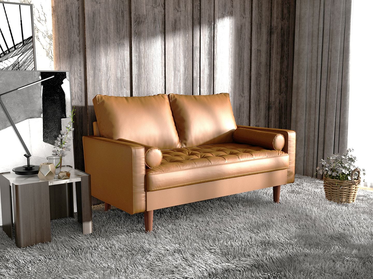 Tan Brown Faux Leather Loveseat W58688