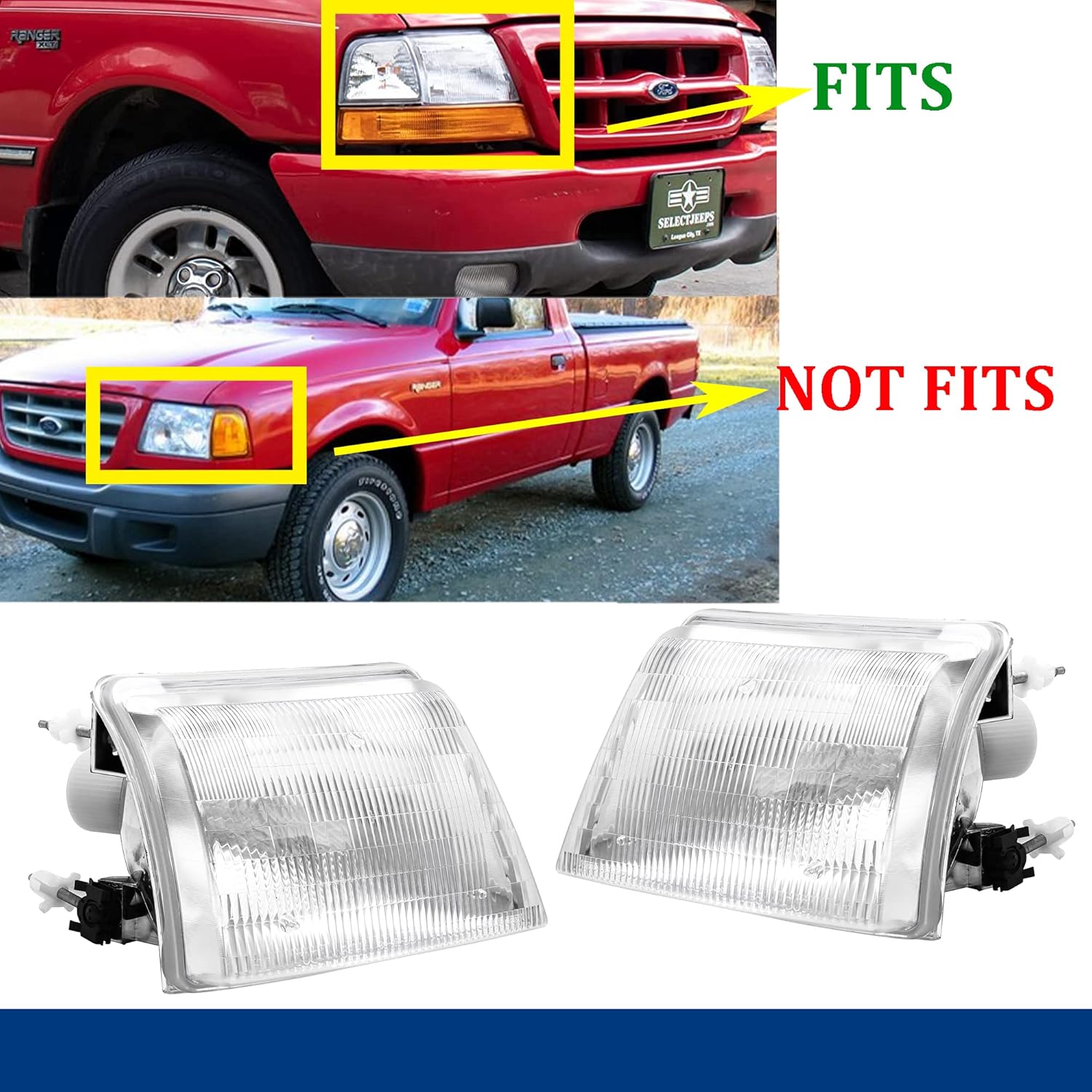 Headlight Assembly for 1998 1999 2000 Ford Ranger Pickup Truck Left Driver and Right Passenger Side without Bulbs Pack of 2 C83592