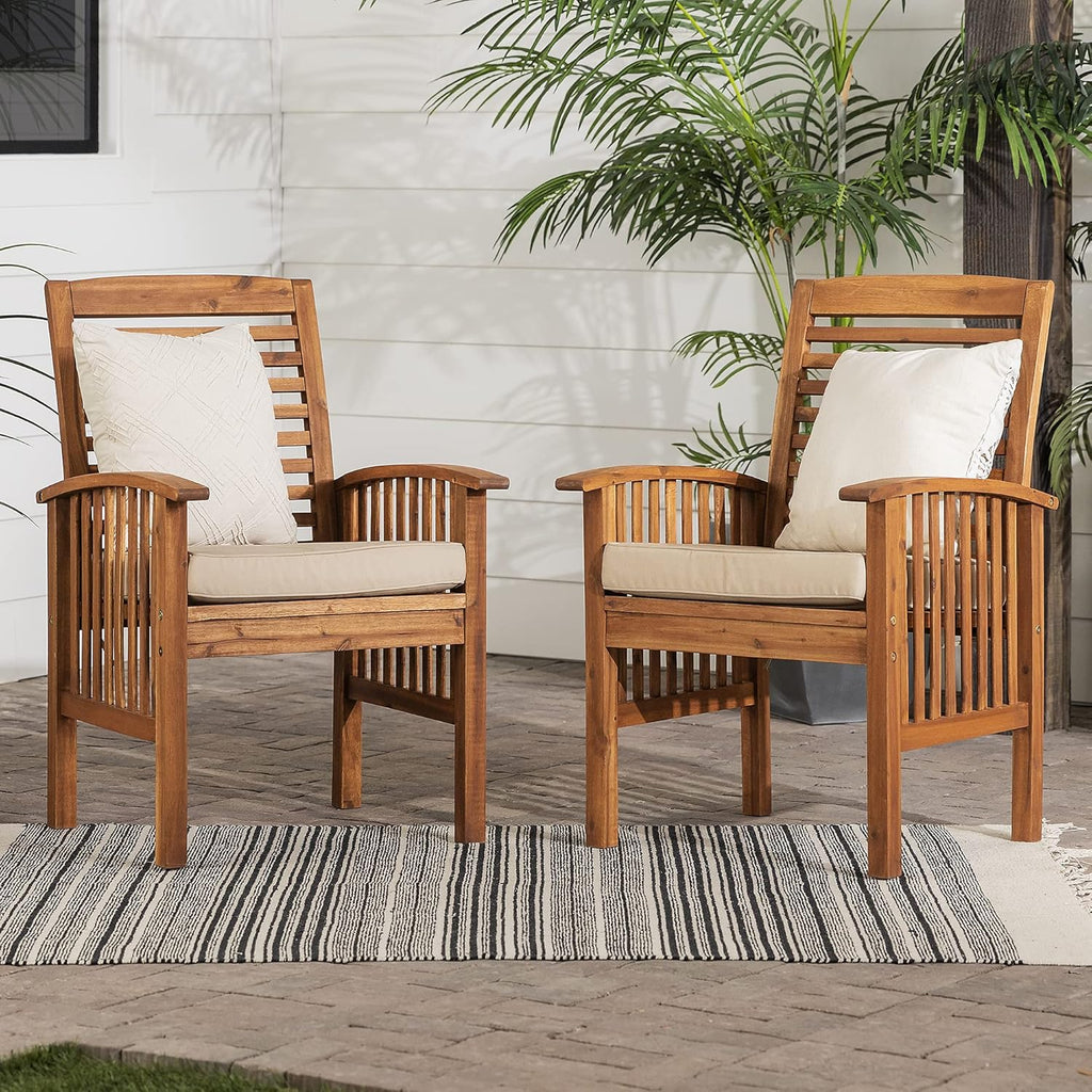 2 Piece Solid Acacia Wood Outdoor Dining Chairs, Set of 2, Brown U26705