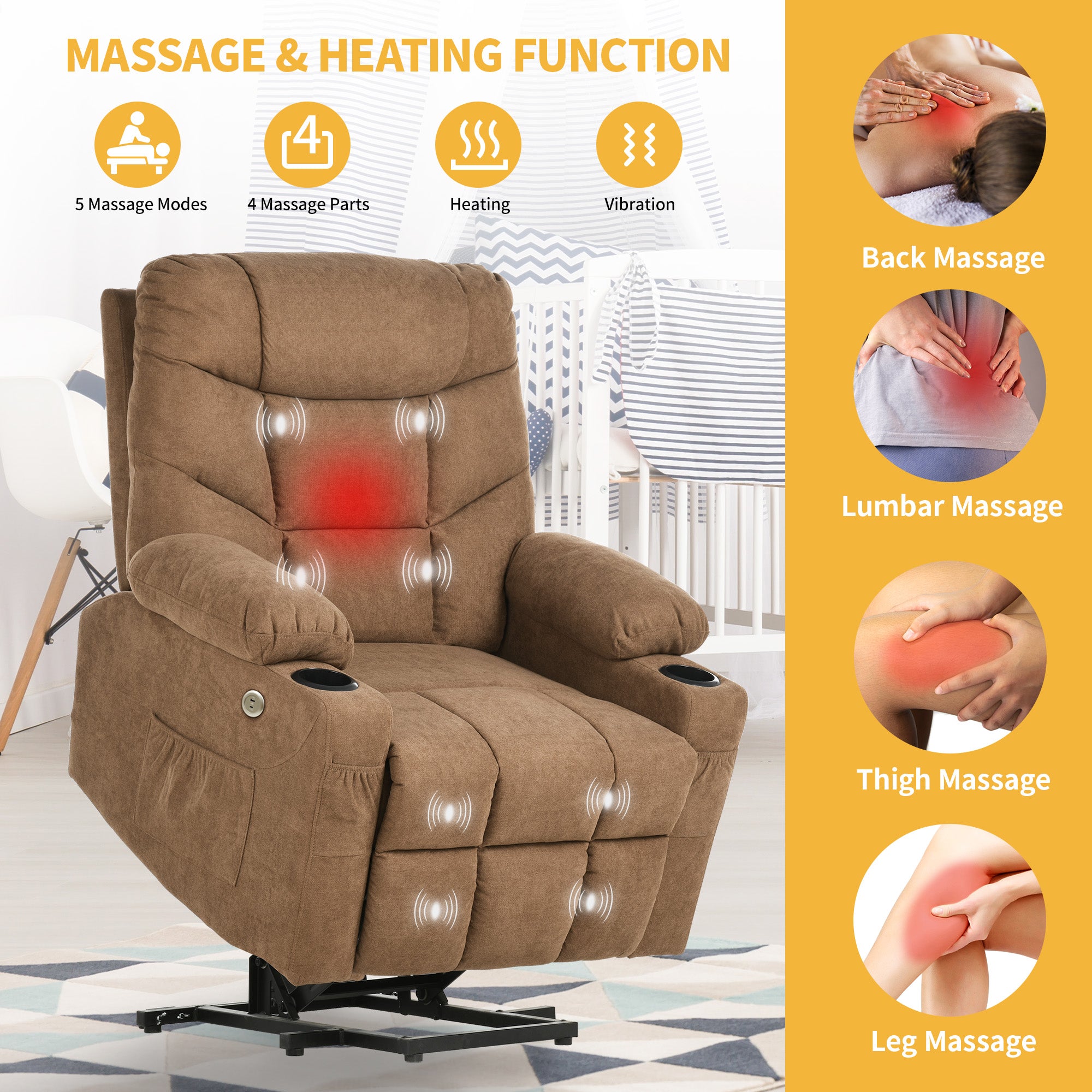 Brown Fabric Power Lift Recliner Chair with Massage and Heat G93205