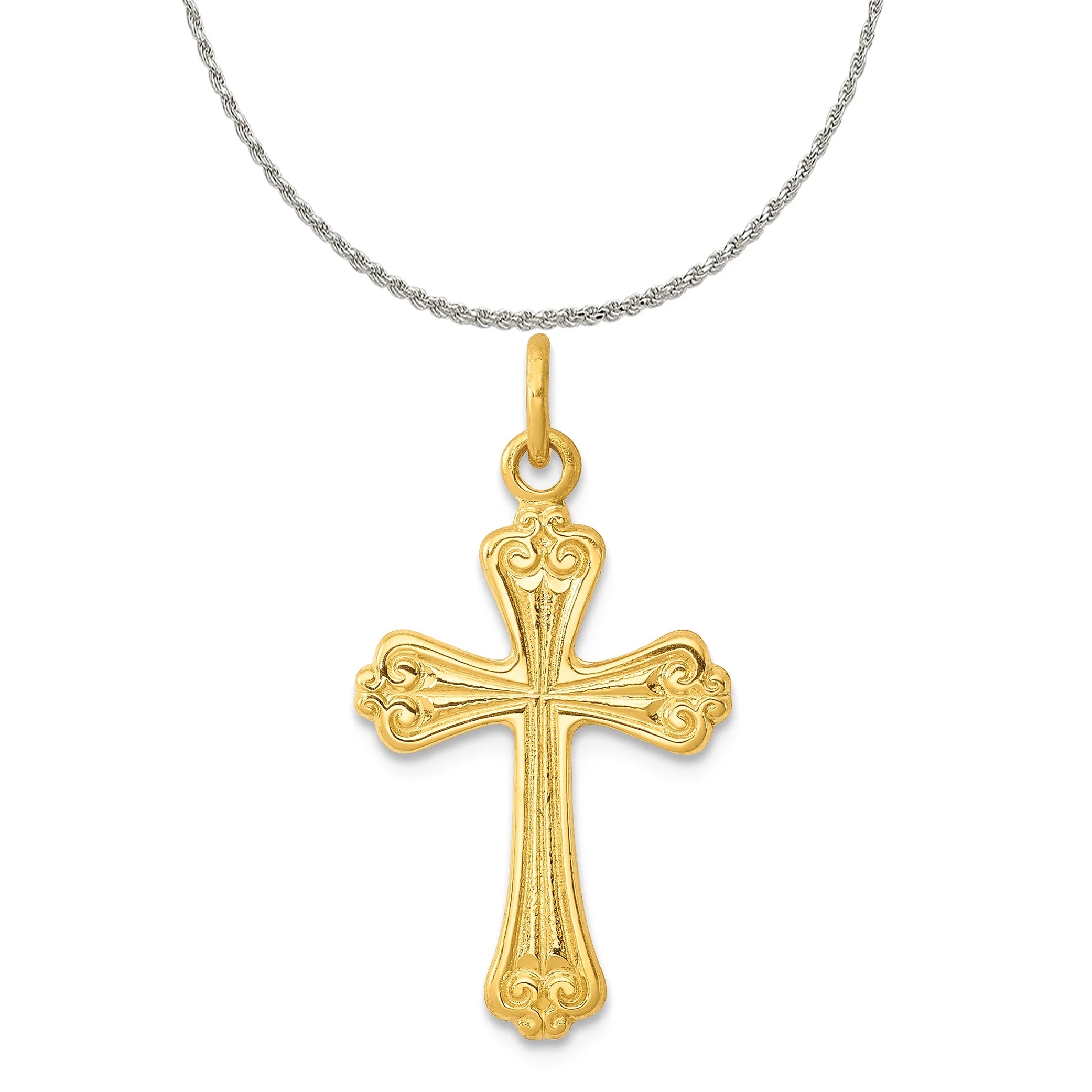 24K Cross Charm Pendant with Sterling Silver Rope Chain Necklace 20'' B397