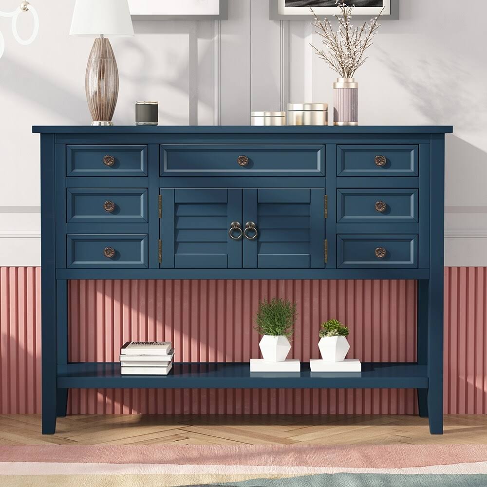 Blue Console Table with 7 Drawers and 1 Cabinet C806