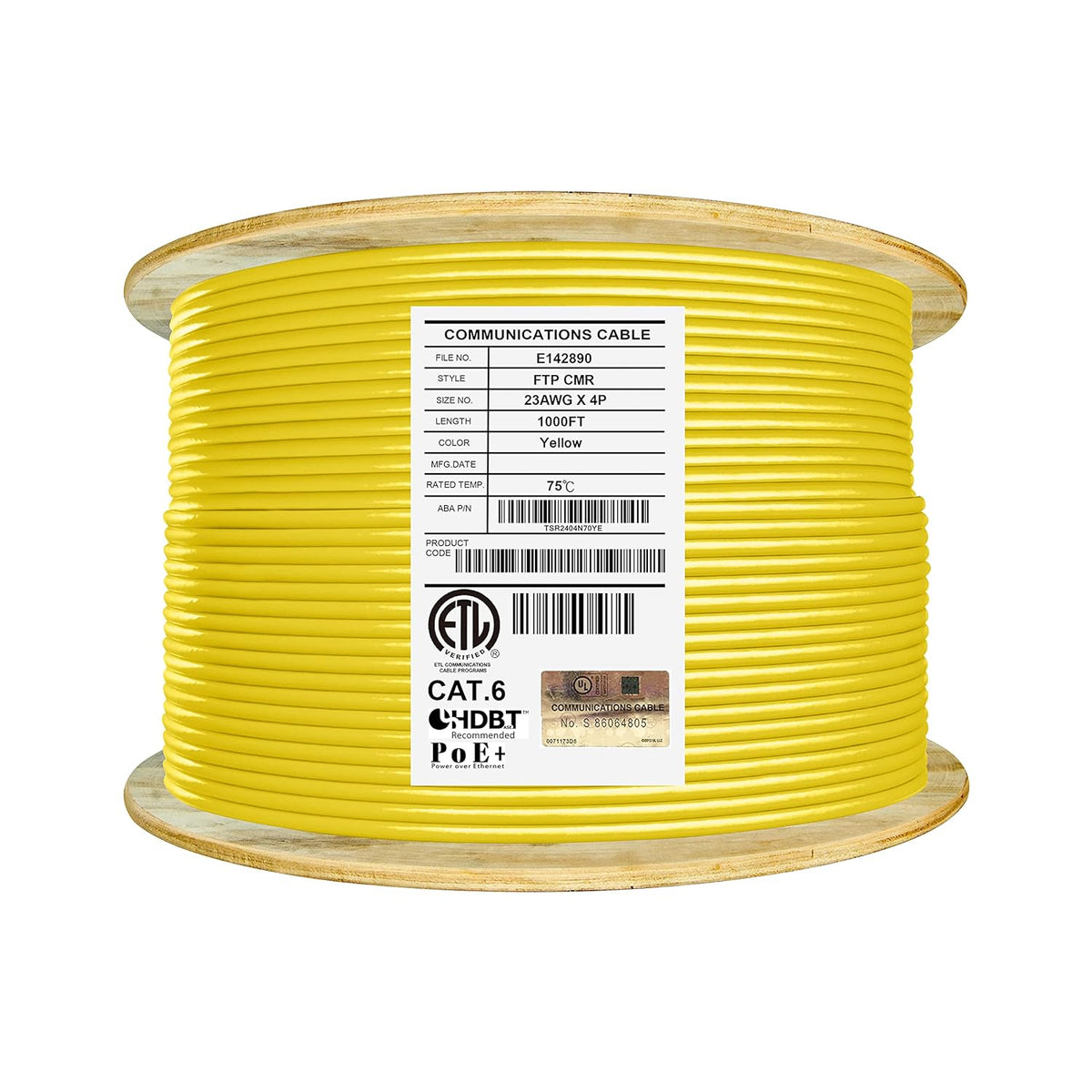Bulk Ethernet Cable Reel, Cat6 Shielded Riser, 1000ft, F/UTP 23AWG, Solid Bare Copper, Orange W3994