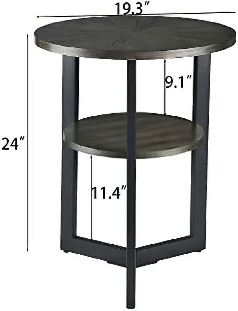 Round End Table Solid Wood 2-Tier Natural Wood Tabletop Black Metal Frame 19.3" D x 24" H G132