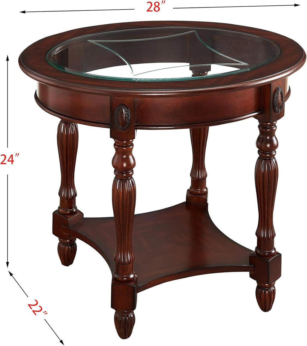 Solid Wood End Table with Tempered Glass and Storage Shelf P8489