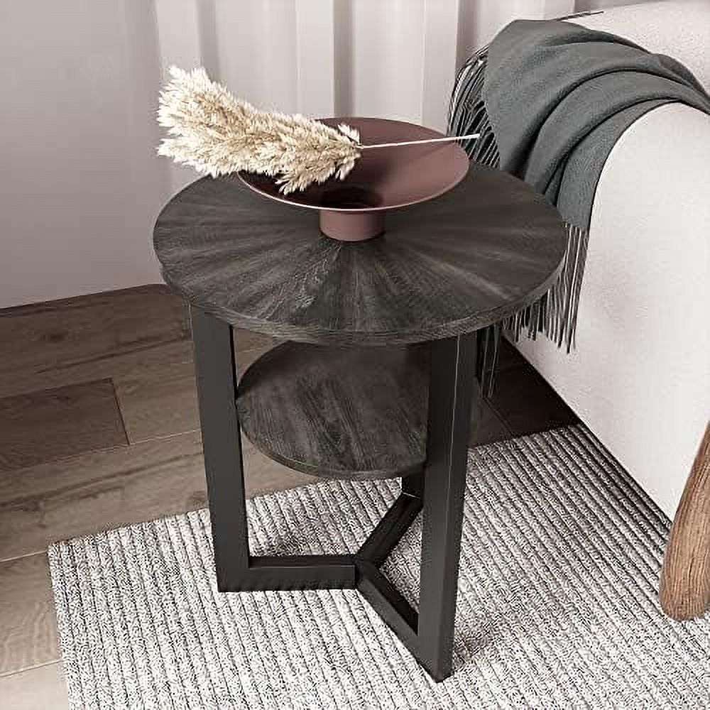 Round End Table Solid Wood 2-Tier Natural Wood Tabletop Black Metal Frame 19.3" D x 24" H G132