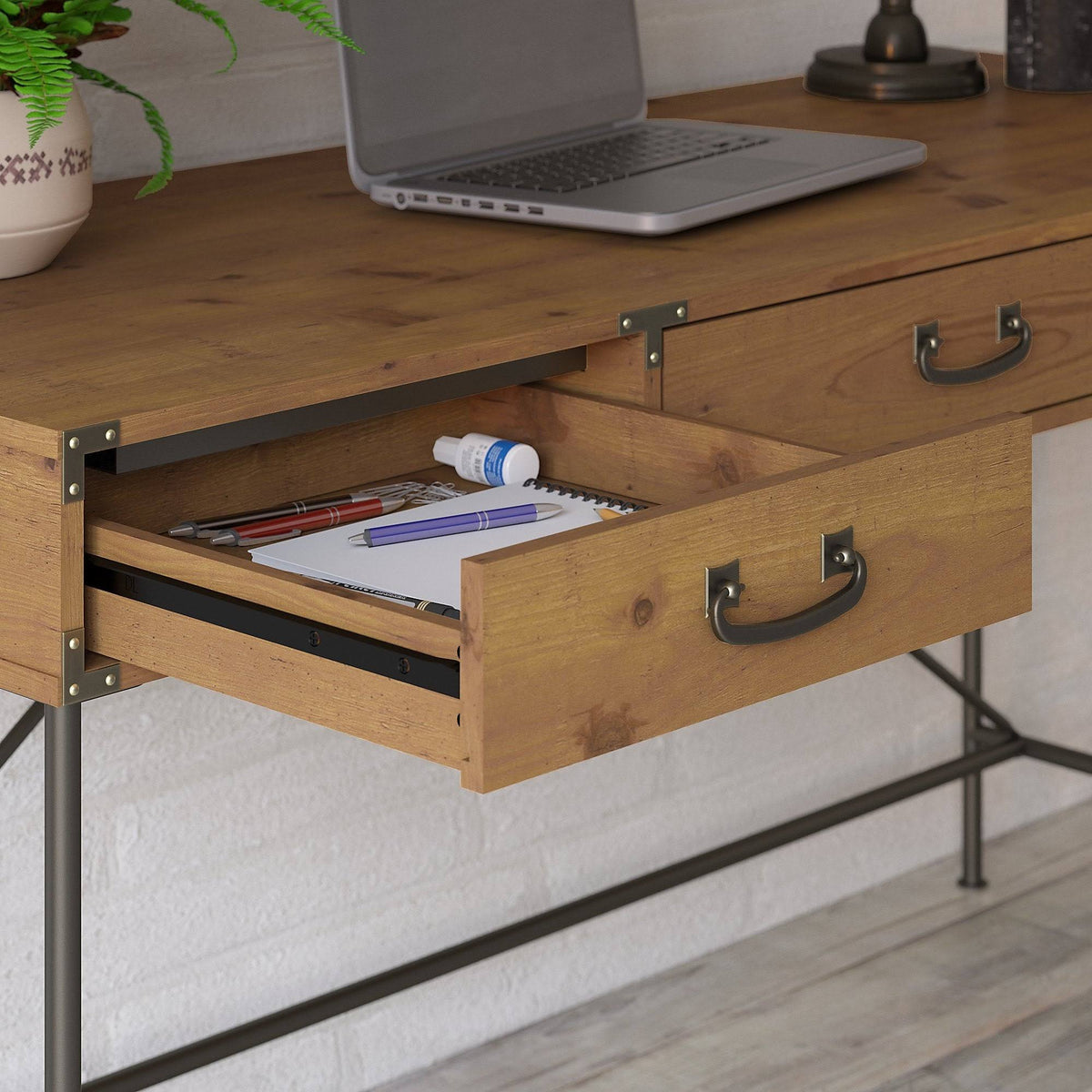48W Writing Desk with Mobile File Cabinet and 5 Shelf Bookcase, Restored Gray K915