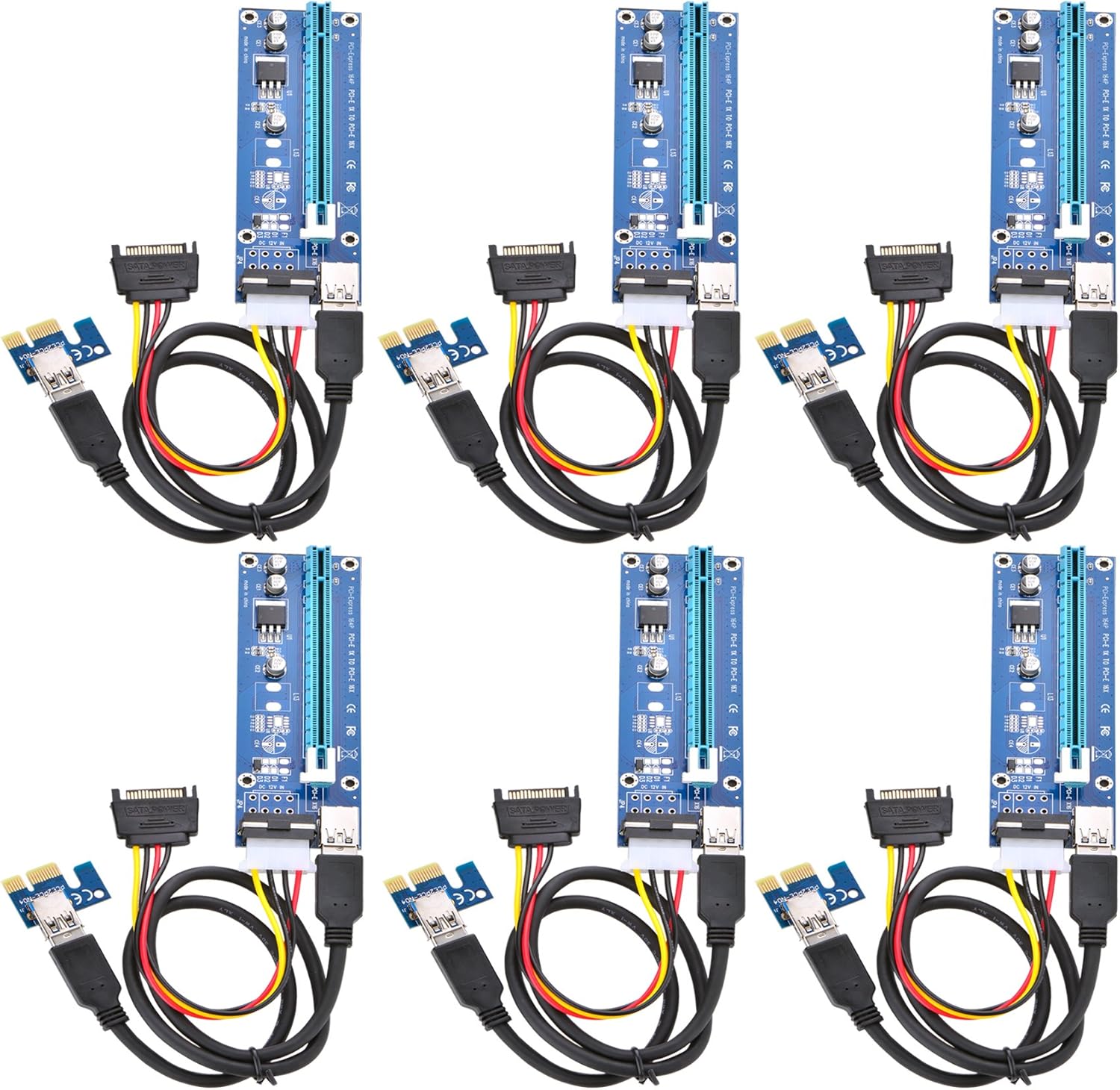PCI Express 16x to 1x Powered Riser Adapter Card with 60cm USB 3.0 Extension Cable and 6-Pin PCI-E to SATA Power Cable (2 Pack 6 Pin) Q920