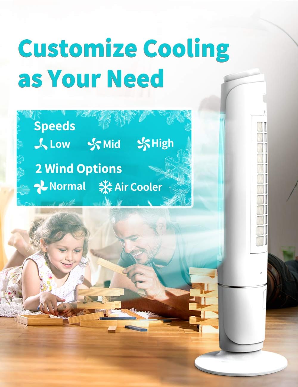 Portable Evaporative Air Cooler, 3 Speeds, 60° Oscillation, 12H Timer, 43IN Tall L7701