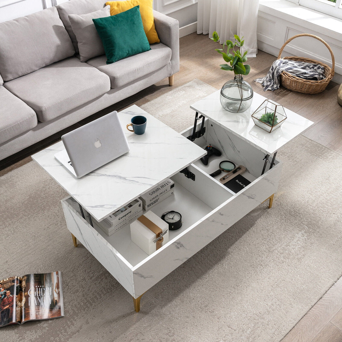 Modern White Lift Top Marble Coffee Table with Storage R500