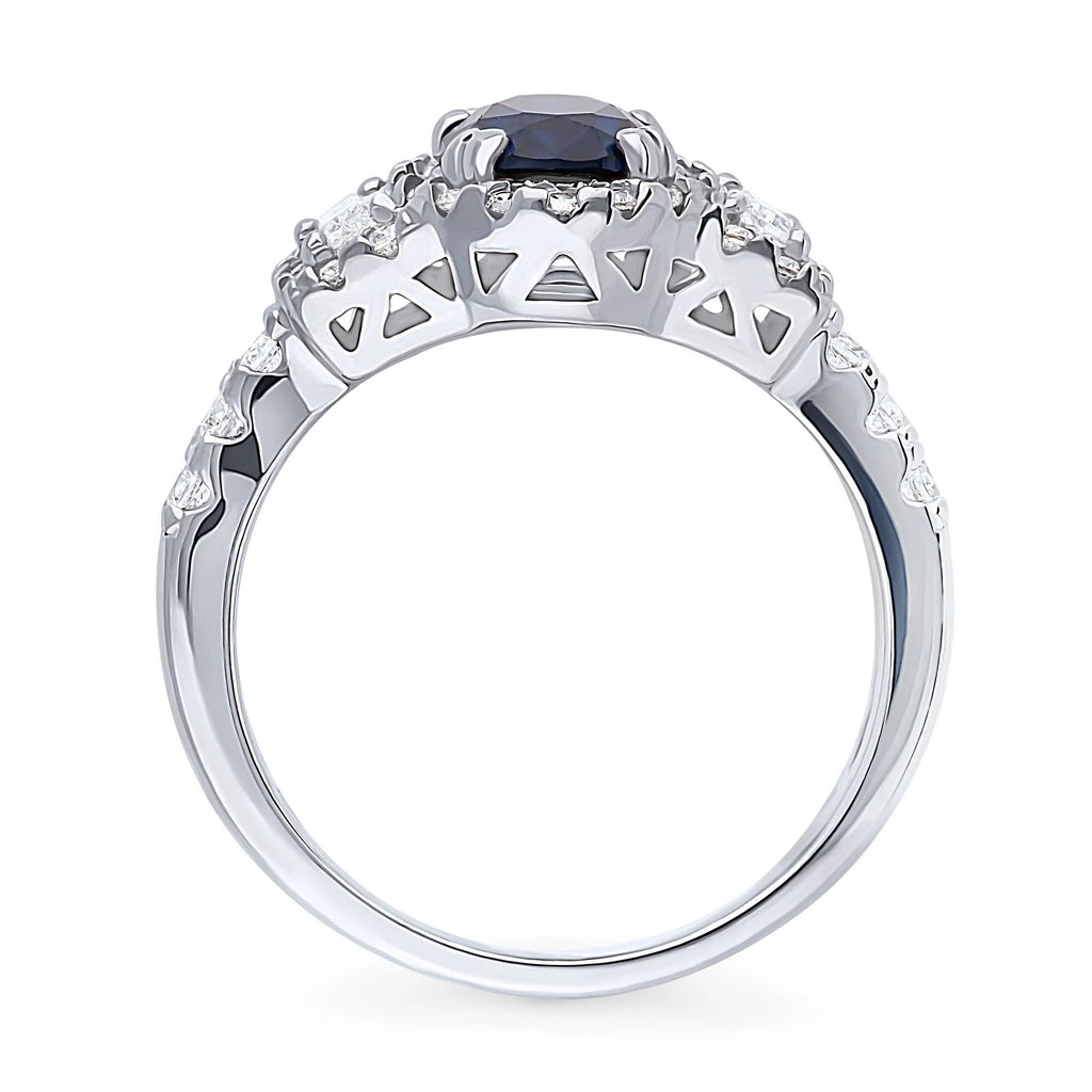 Sterling Silver Simulated Blue Sapphire Cubic Zirconia Halo Ring, Rhodium Plated Size 6 V49678