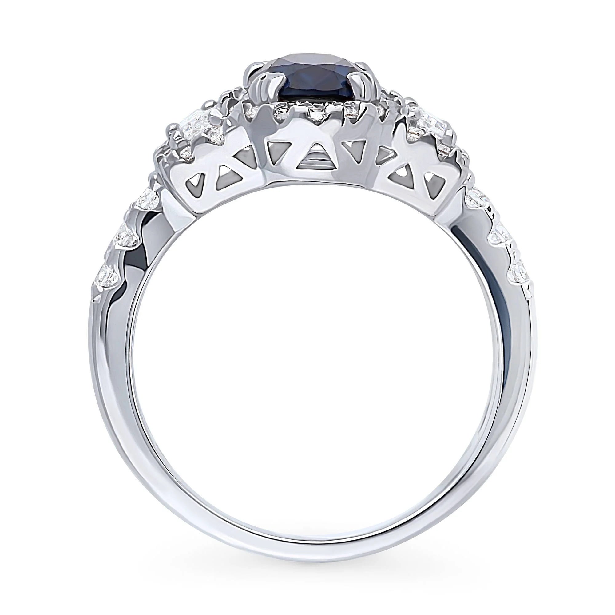 Sterling Silver Simulated Blue Sapphire Cubic Zirconia Halo Ring, Rhodium Plated Size 6 V49678