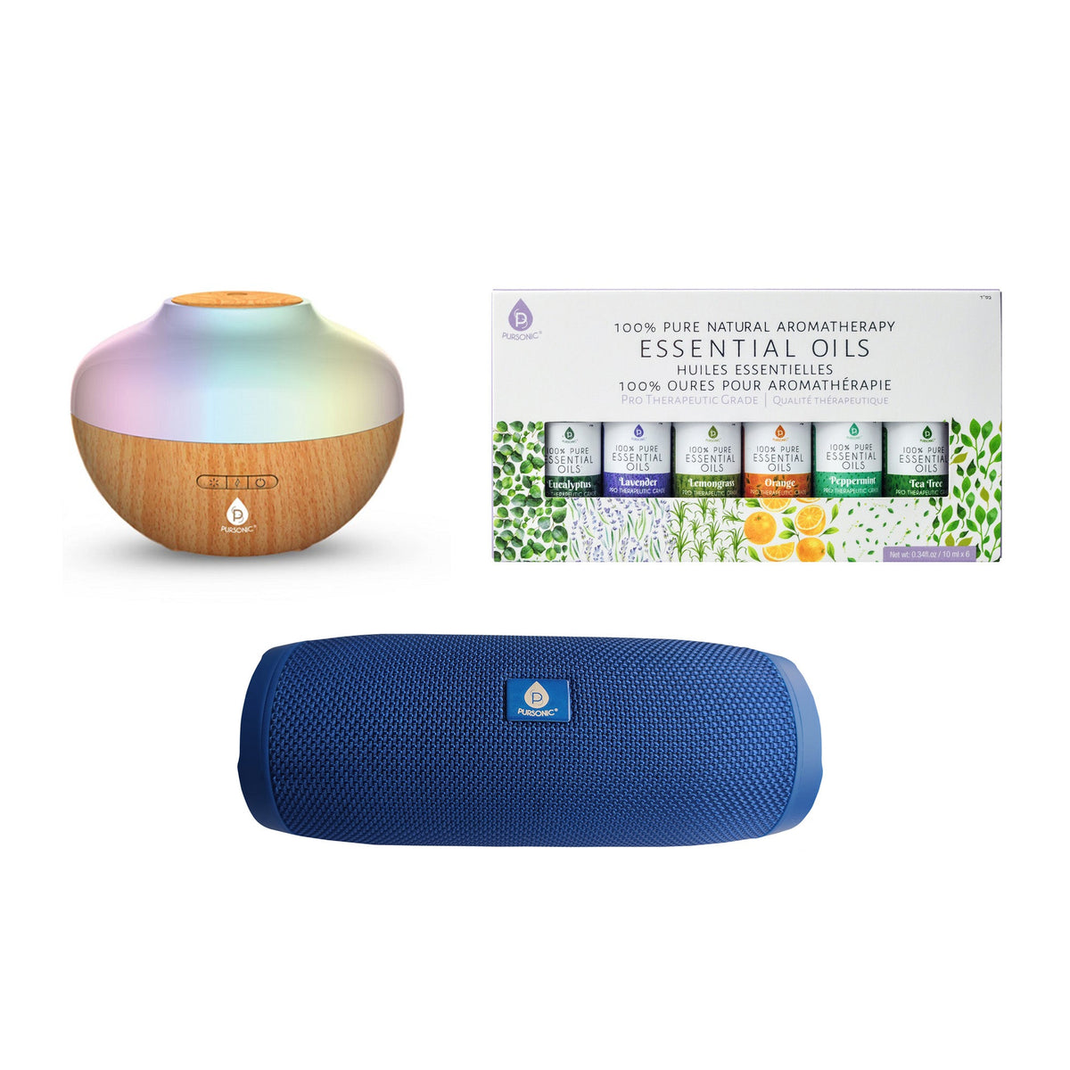 Pursonic Ultrasonic Diffuser, 360° Speaker, & Essential Oils Set