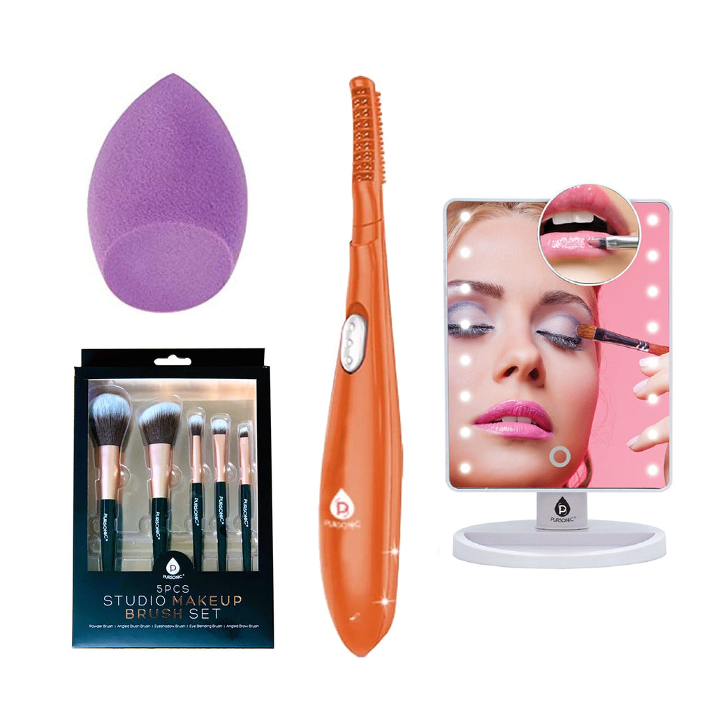 Pursonic Beauty Collection: Heated Curler, LED Mirror, Blender Sponge, & Brush Set