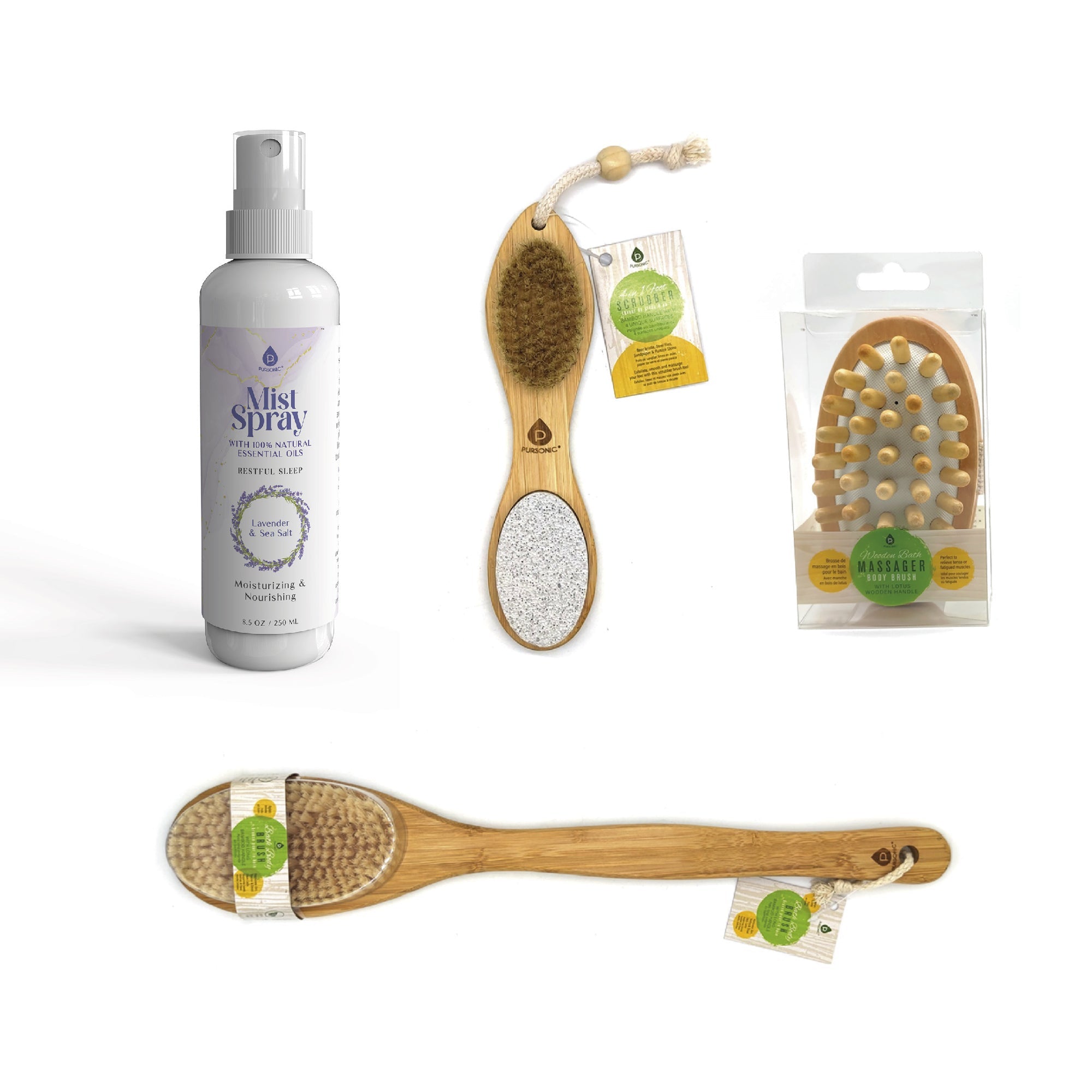 Home Spa Collection: Natural Wood Massager, 4-in-1 Bamboo Foot Scrubber, Bamboo Bath Brush, and Lavender & Sea Salt Mist Spray
