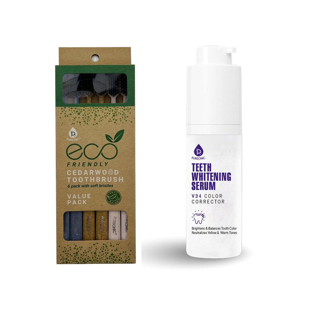 Elevate Your Smile: Natural Cedarwood Toothbrushes (6-Pack) & V34 Whitening Serum Bundle