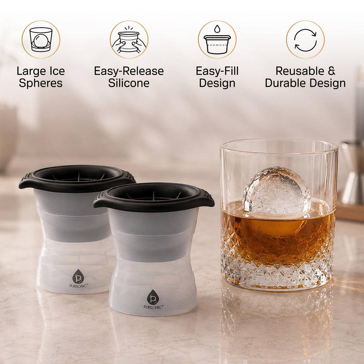Pursonic 2-Pack Ice Ball Mold Set – BPA-Free Silicone Ice Sphere Molds