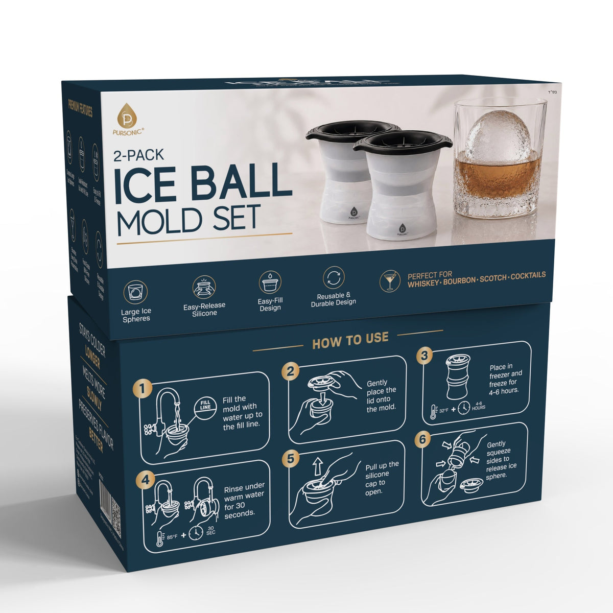 Pursonic 2-Pack Ice Ball Mold Set – BPA-Free Silicone Ice Sphere Molds