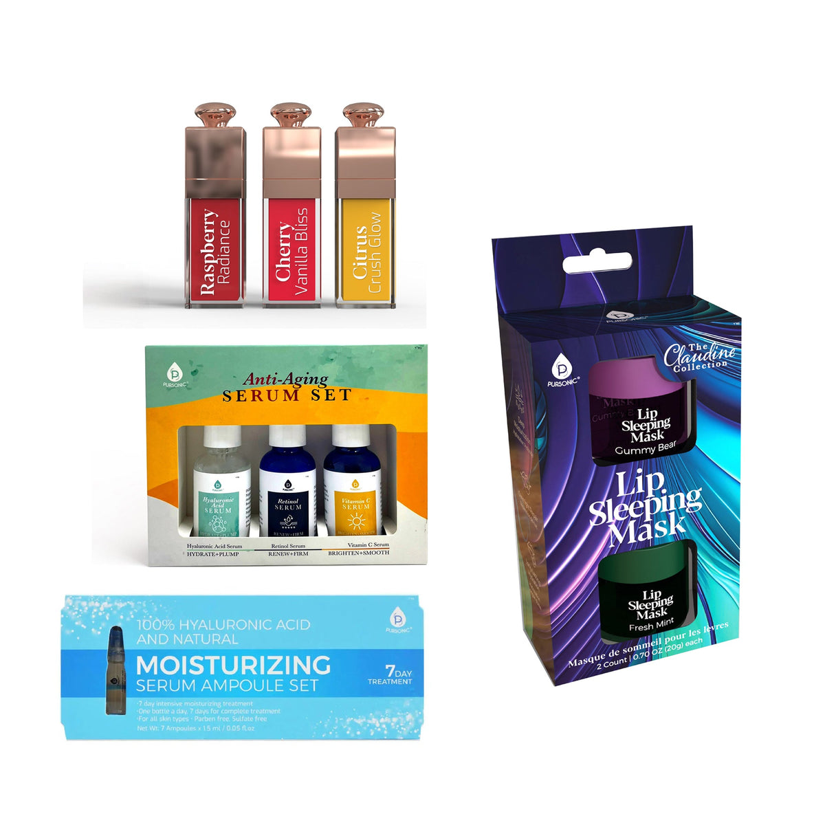 Ultimate Glow Collection: Nourishing Lip Oils, Overnight Lip Mask, Anti-Aging Serum Set & Hyaluronic 7-Day Treatment