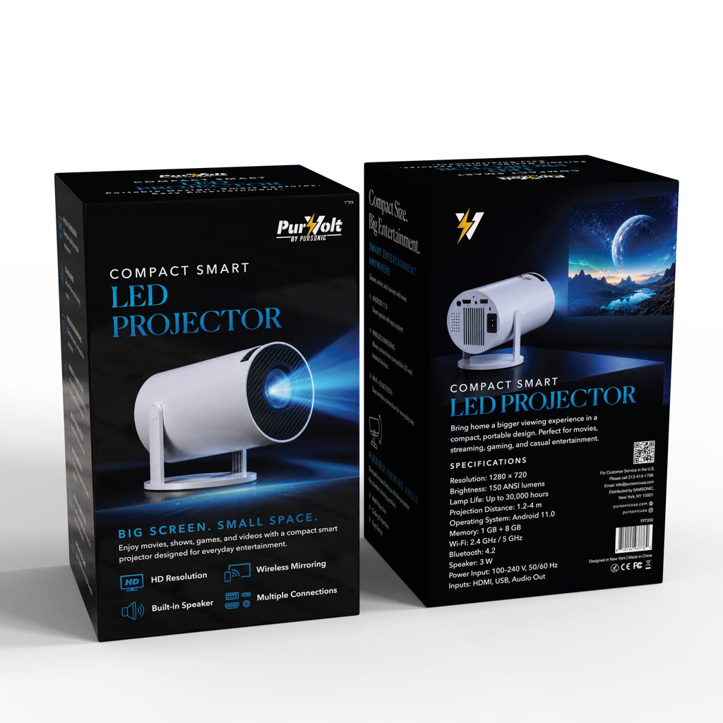 Compact Smart LED Projector – HD 720P Portable Projector with Wireless Screen Mirroring, Wi-Fi, Bluetooth & Built-In Speaker