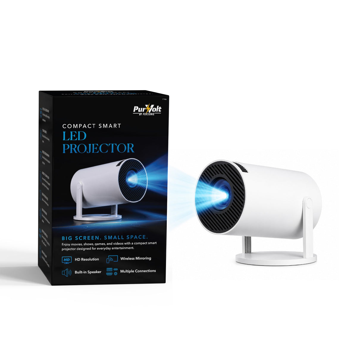 Compact Smart LED Projector – HD 720P Portable Projector with Wireless Screen Mirroring, Wi-Fi, Bluetooth & Built-In Speaker