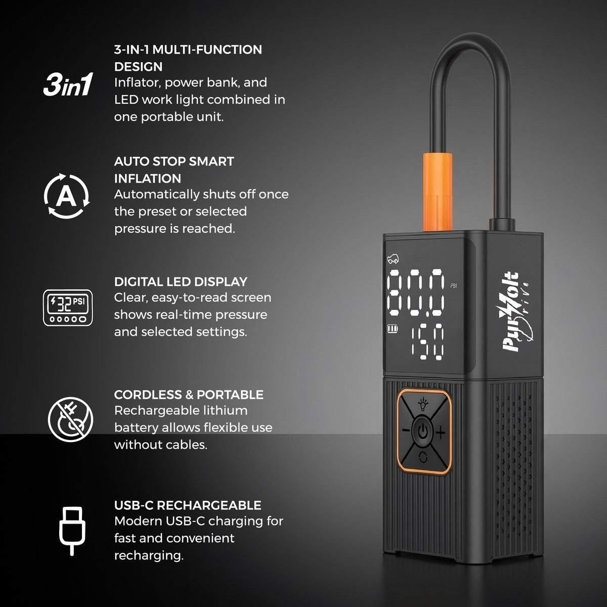 3-in-1 Cordless Tire Inflator- Inflator, Power Bank & LED Light