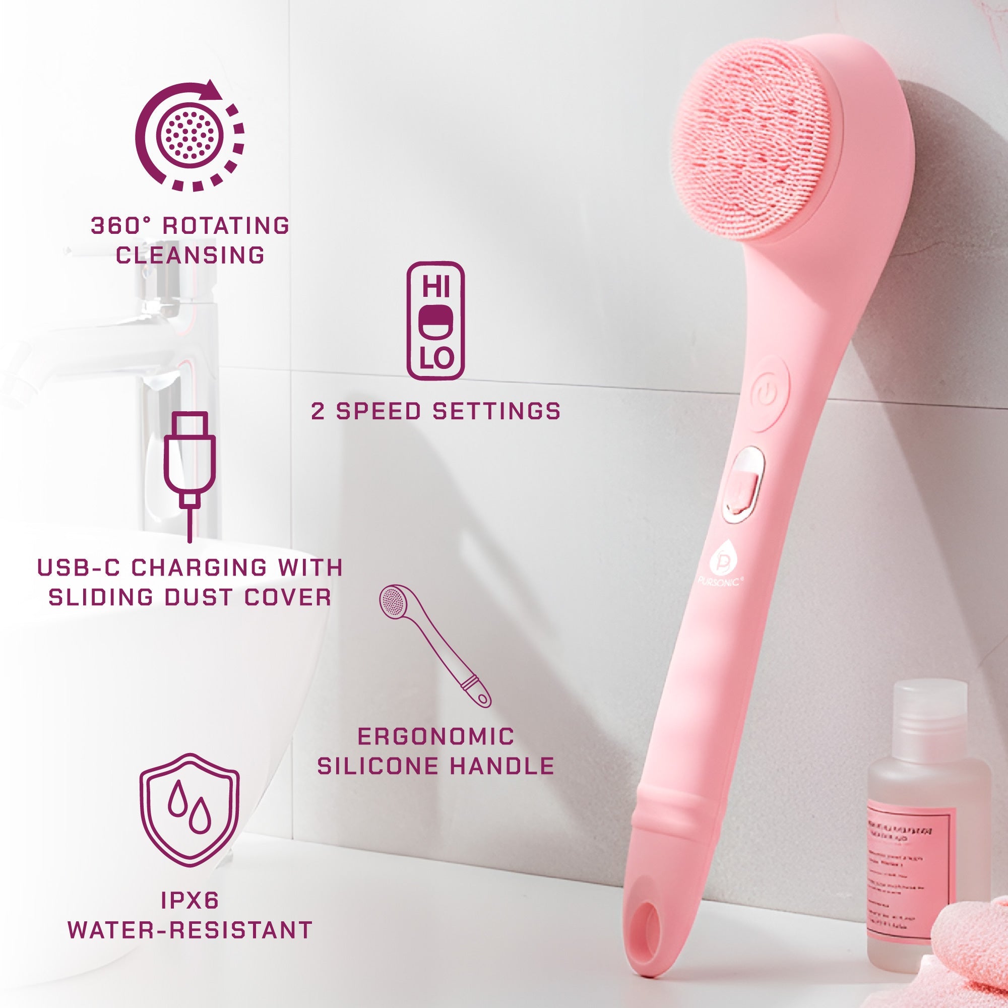 Rechargeable Waterproof Silicone Bath Brush with 3 Interchangeable Brush Heads