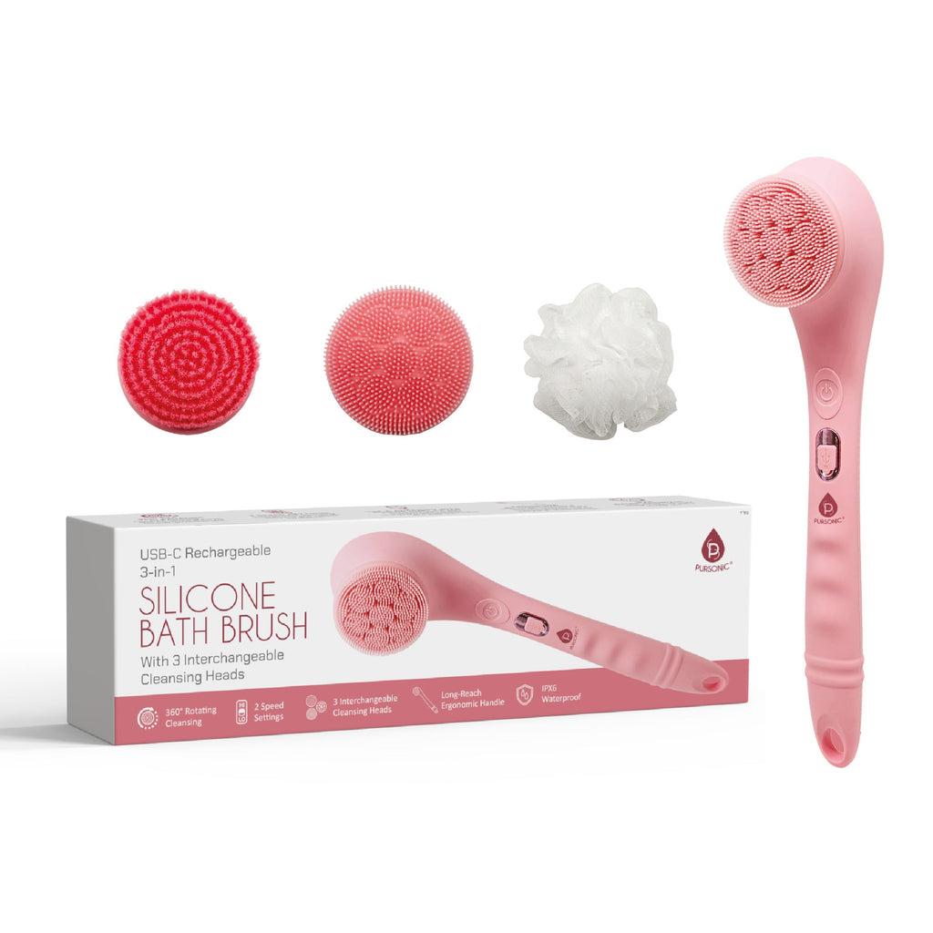 Rechargeable Waterproof Silicone Bath Brush with 3 Interchangeable Brush Heads
