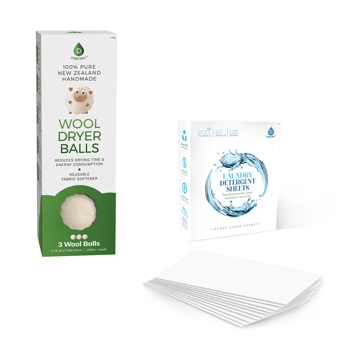 Pursonic Detergent Sheets & New Zealand Wool Dryer Balls Set