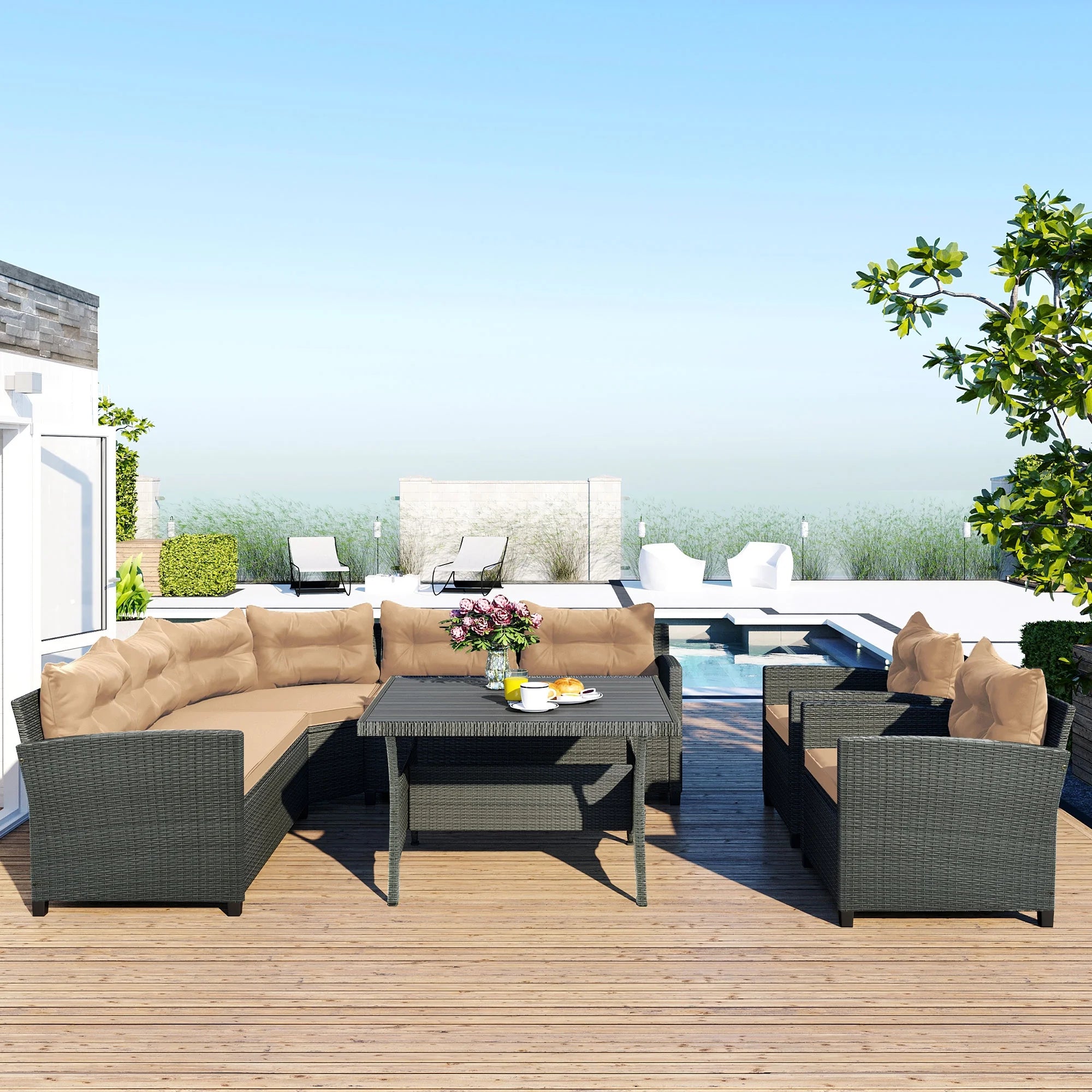 6-Piece Outdoor Wicker Sofa Set with Cushions and Pillows V239122
