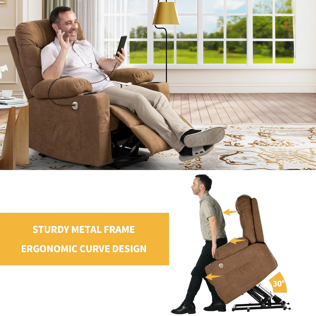 Brown Fabric Power Lift Recliner Chair with Massage and Heat G93205