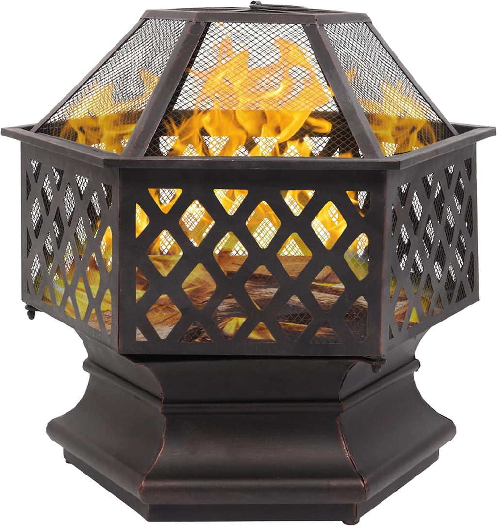 22 inch Steel Firepit Bowl with Mesh Spark Screen Cover Log Grate Wood Fire Poker Z8939