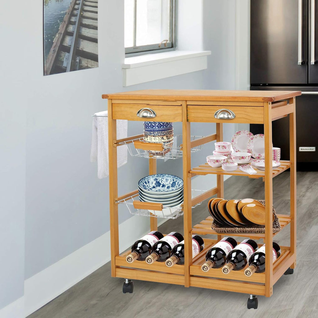 Wood Rolling Kitchen Island Storage Cart with Drawer Shelves Basket Q4035