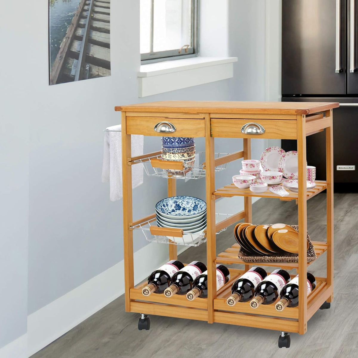 Wood Rolling Kitchen Island Storage Cart with Drawer Shelves Basket Q4035
