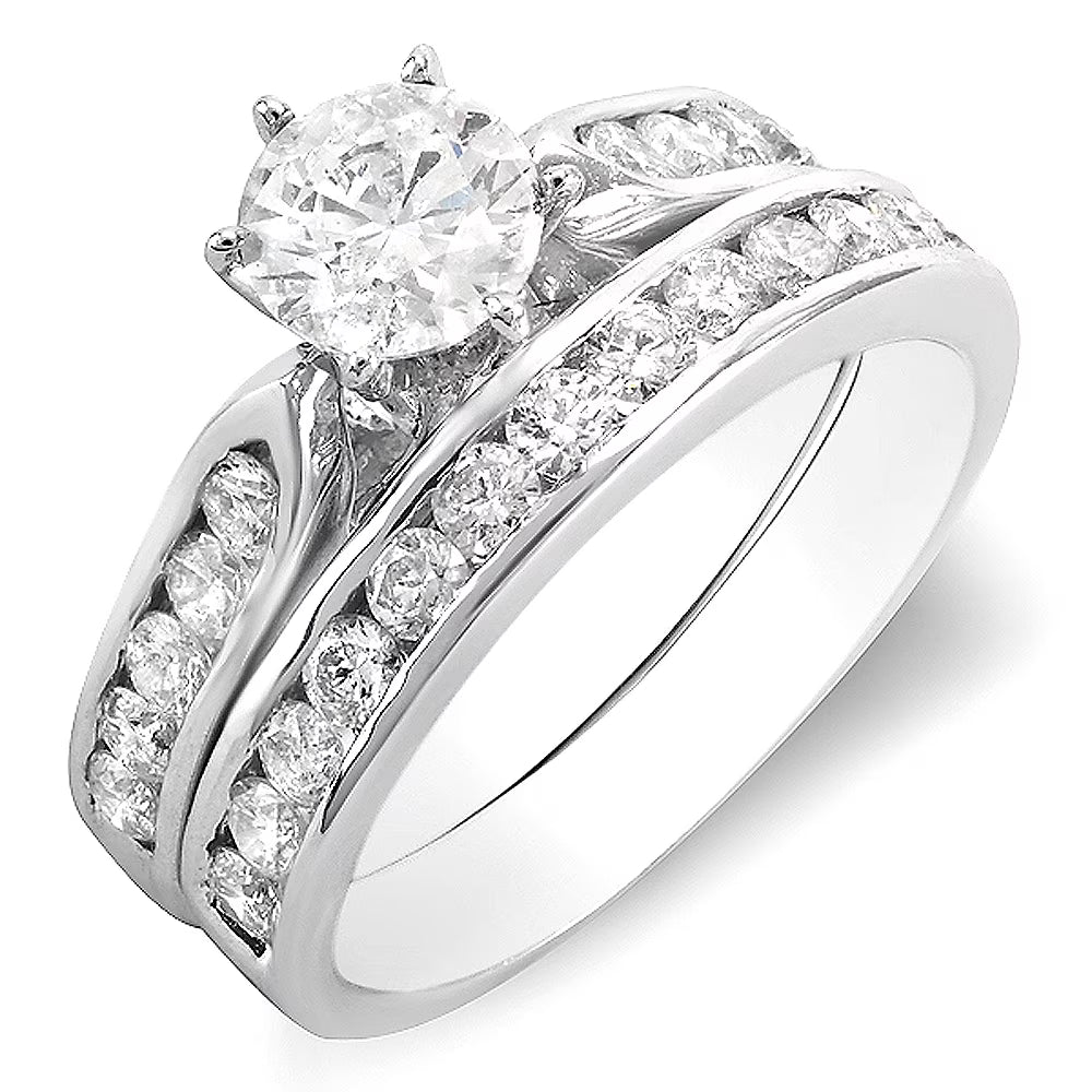 14k White Gold Round Diamond Bridal Engagement Ring Set, Size 8 U1552