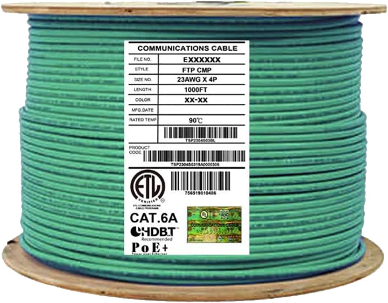 Bulk Ethernet Cable Reel, Cat6A Shielded Plenum, 1000ft, FTP 23AWG, Solid Pure Copper, Blue O74185