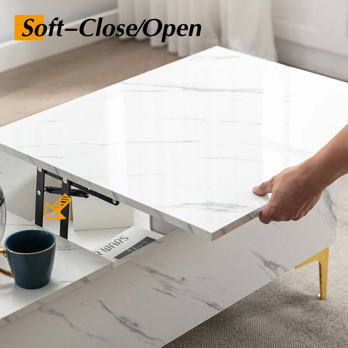 Modern White Lift Top Marble Coffee Table with Storage R500